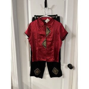 Vico Two-Piece Pant Suit Women Sz XL 100% Silk‎ Red Black Oriental Chinese